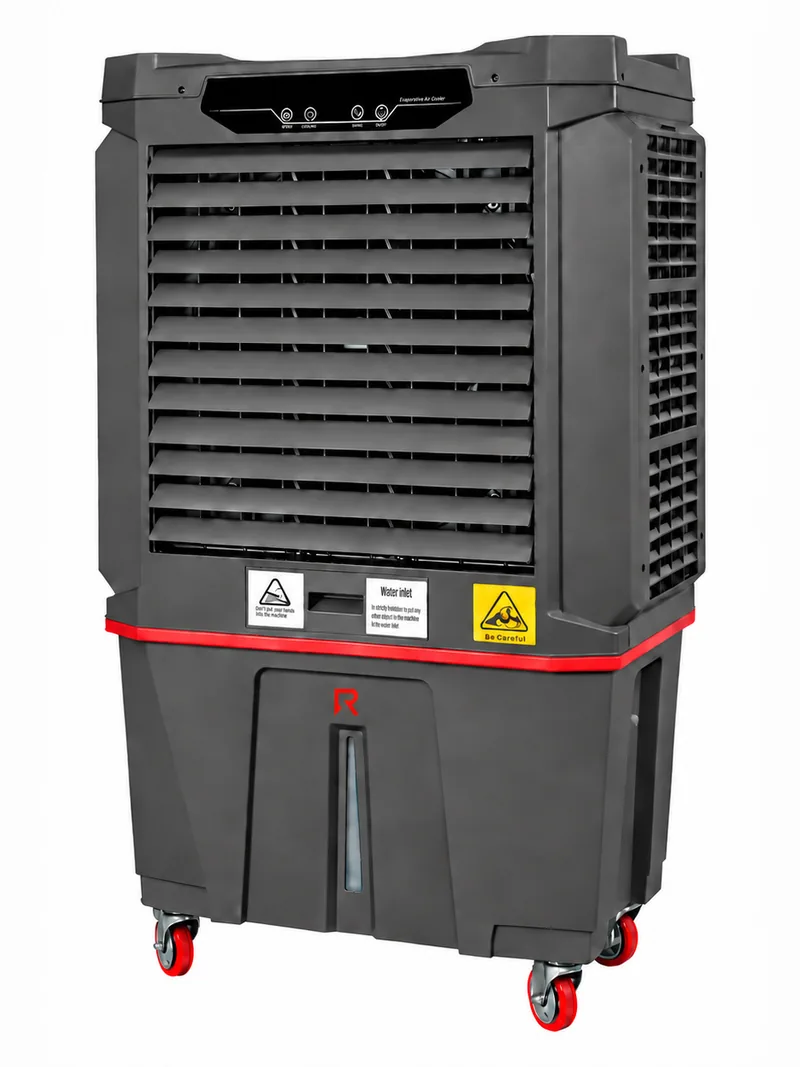RS-A13C: ROBOSWISS mobile evaporative cooler, charcoal housing with a red band, discharge grille at the front, water tank with the R emblem and red castors