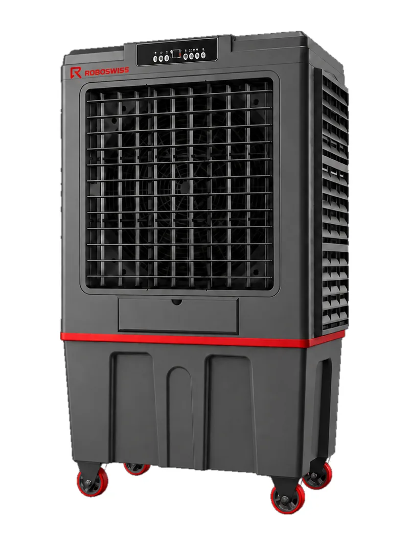 RS-A15C: ROBOSWISS mobile evaporative cooler, charcoal housing with a red band, large fan grille at the front and red castors