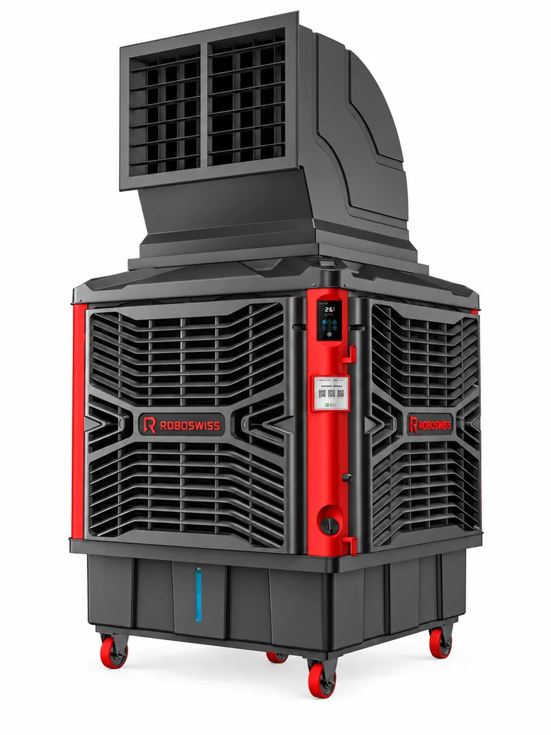 RS-A20C: ROBOSWISS mobile evaporative cooler, charcoal housing, red control column with a display, branded exchange pads, elbowed air outlet and red castors