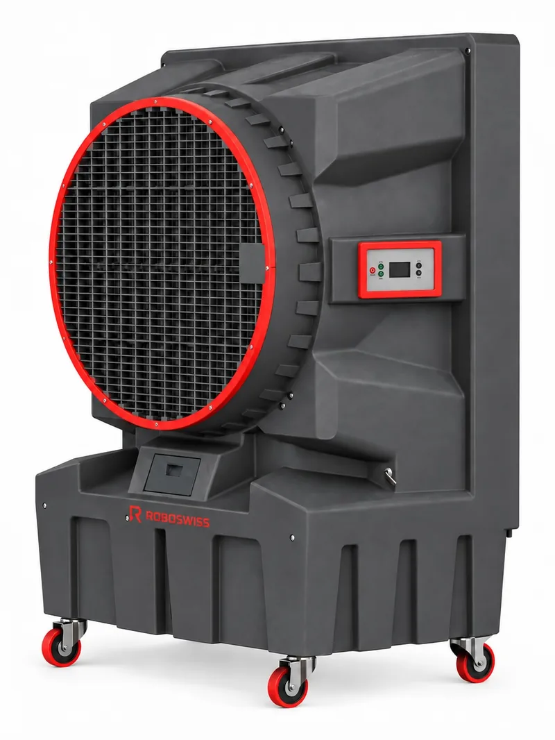 RS-A23C: ROBOSWISS mobile evaporative cooler, charcoal housing, large circular fan with a red ring, branded water tank and red castors